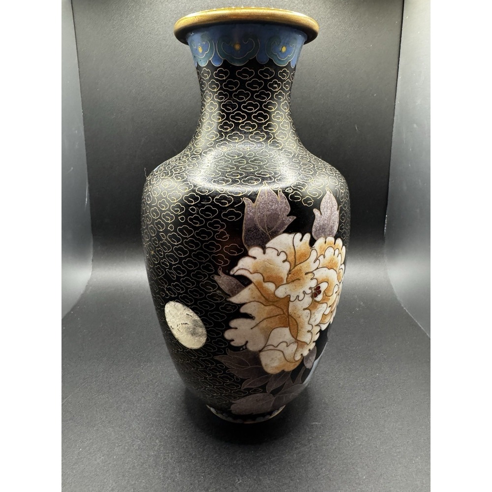 Vintage Brass And Cloisonne Vase China - 8" Flowers Butterfly - Pink & Yellow - Picture 3 of 13